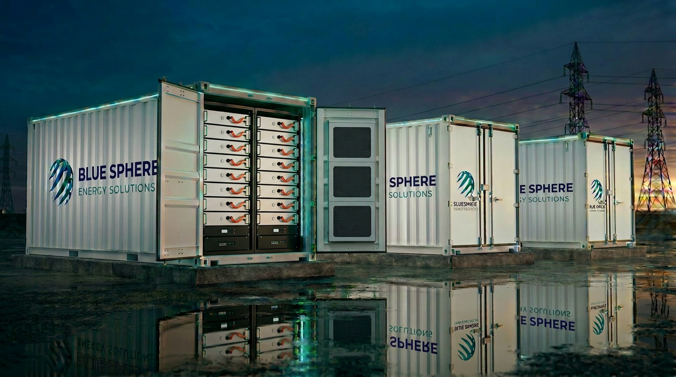 Blue Sphere utility-scale battery energy storage system at dusk