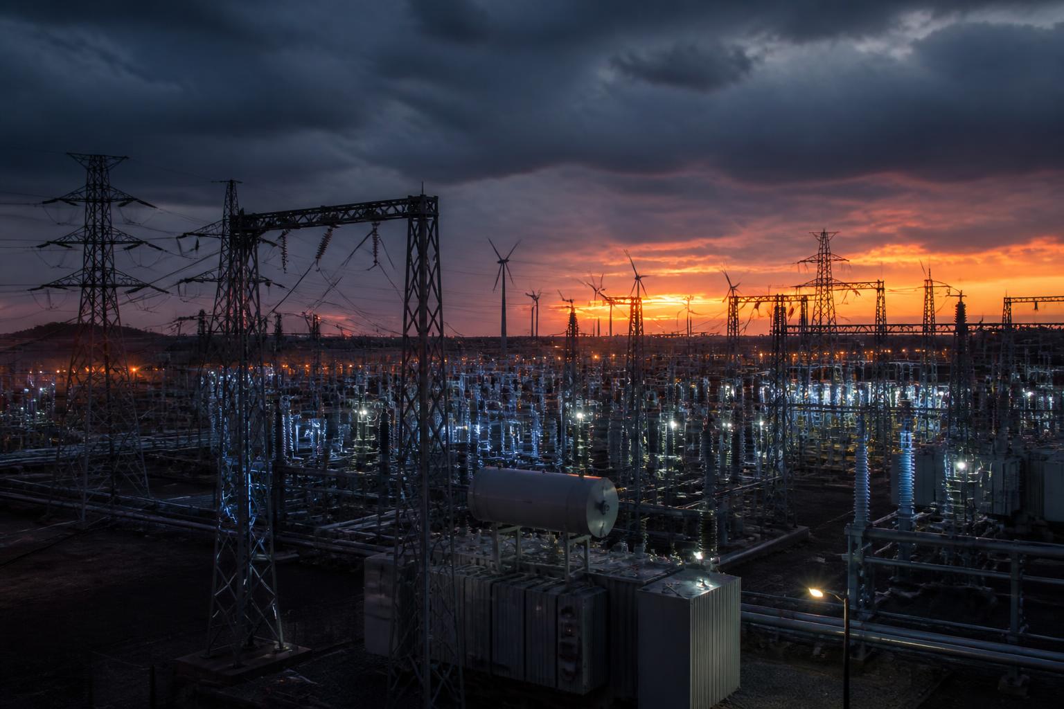 High voltage substation at sunset